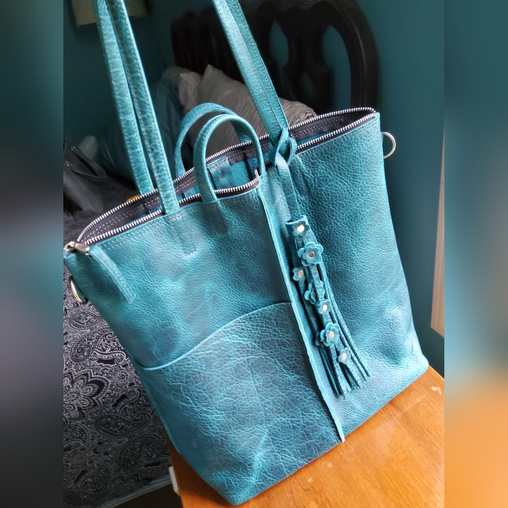 Turquoise bison leather zip tote bag with laptop pocket/cup holder